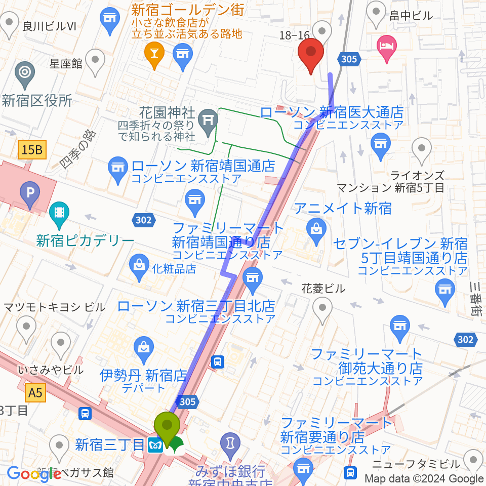 ヒルバレースタジオの最寄駅新宿三丁目駅からの徒歩ルート（約6分）地図