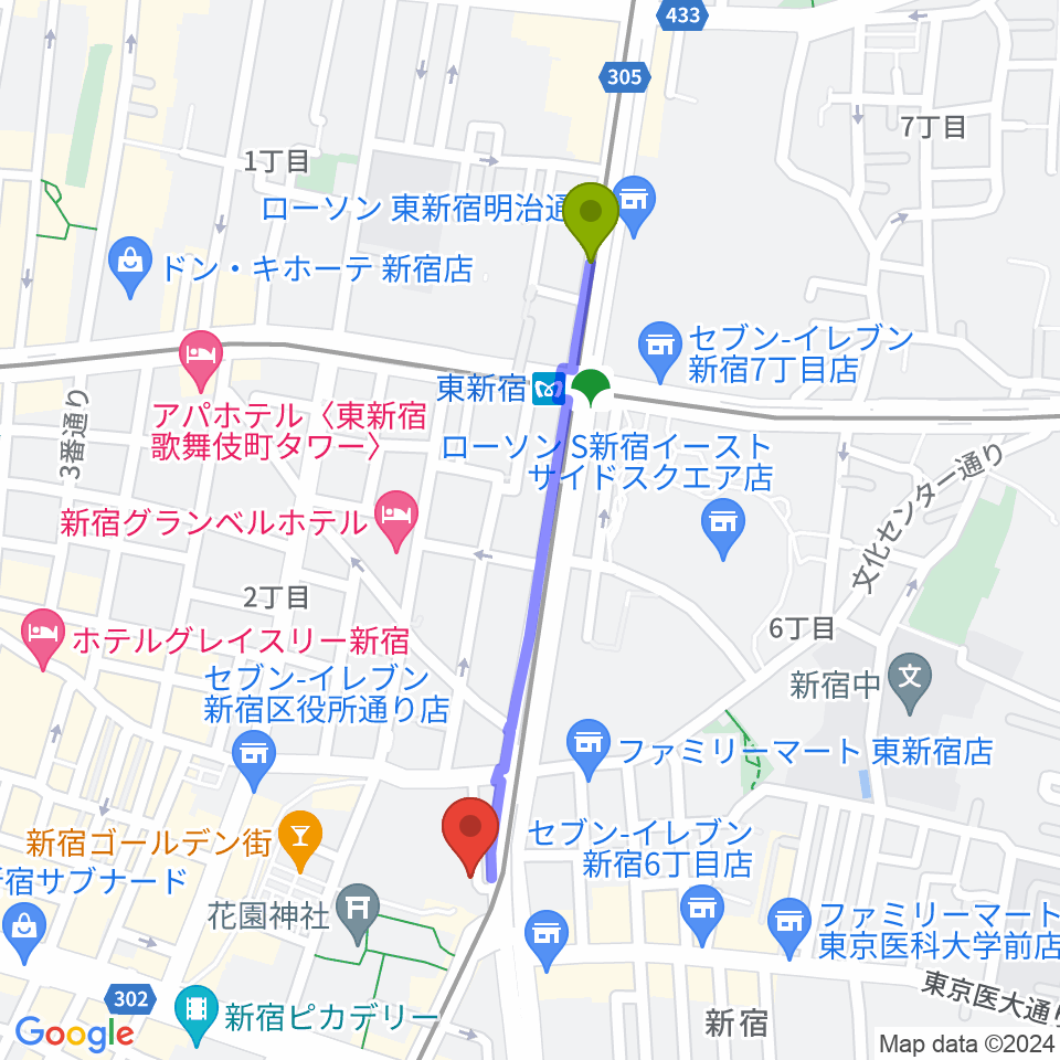 東新宿駅からヒルバレースタジオへのルートマップ地図