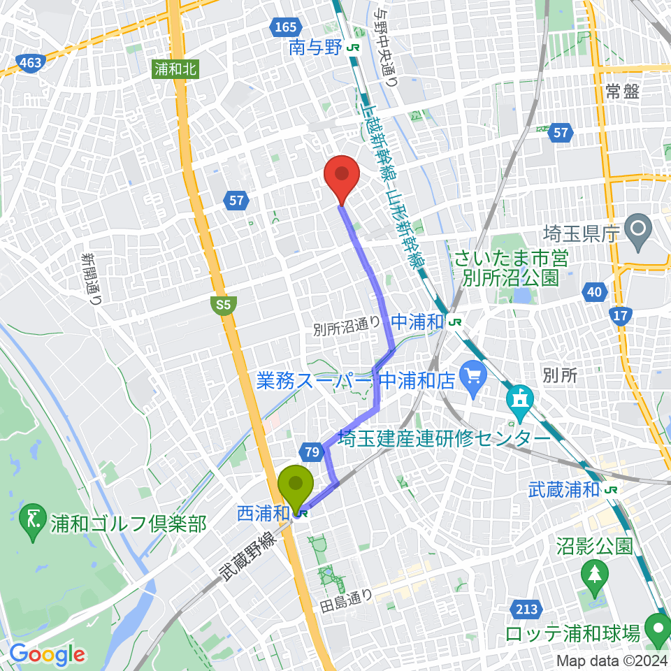 西浦和駅から西堀音楽外語学院へのルートマップ地図