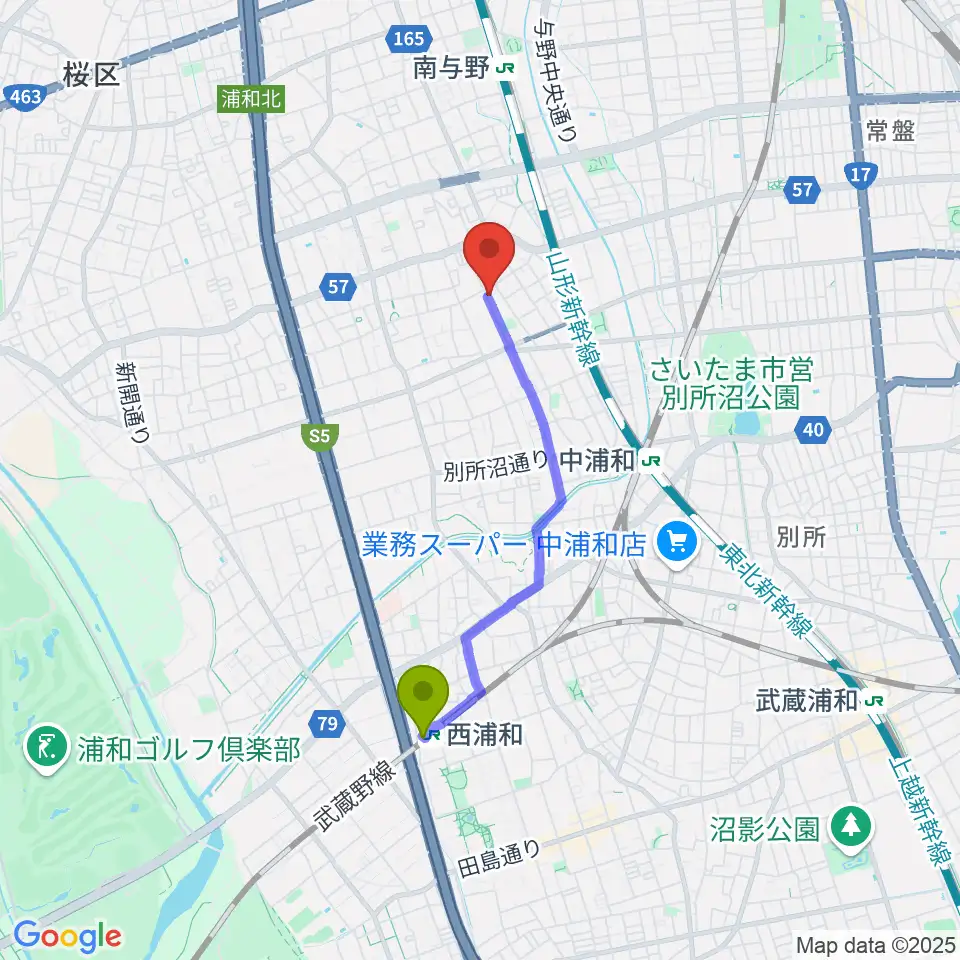 西浦和駅から西堀音楽外語学院へのルートマップ地図
