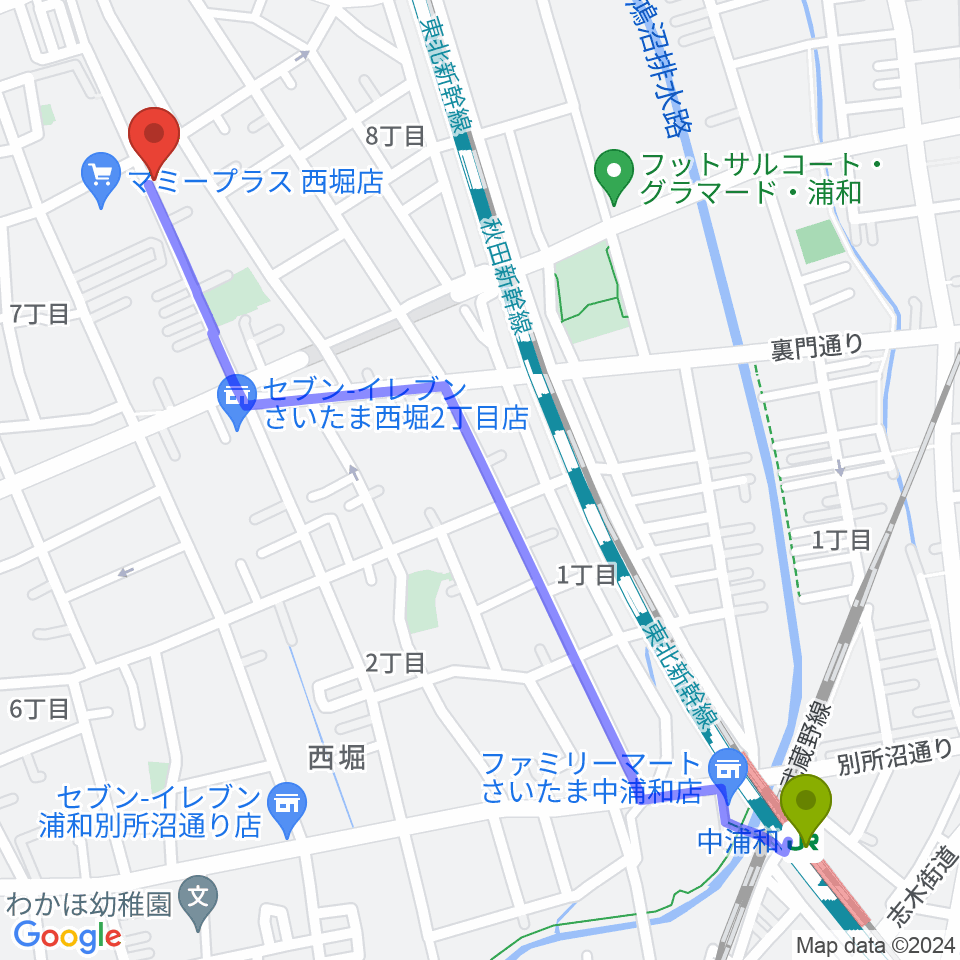 中浦和駅から西堀音楽外語学院へのルートマップ地図