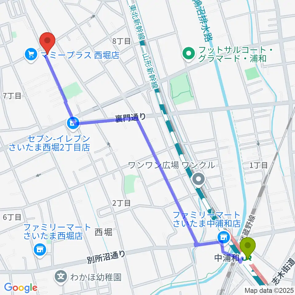 中浦和駅から西堀音楽外語学院へのルートマップ地図