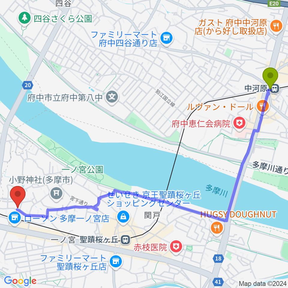 中河原駅からバグパイプ販売店 Dスローへのルートマップ地図