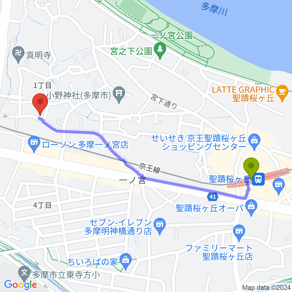 バグパイプ販売店 Dスローの最寄駅聖蹟桜ヶ丘駅からの徒歩ルート（約12分）地図