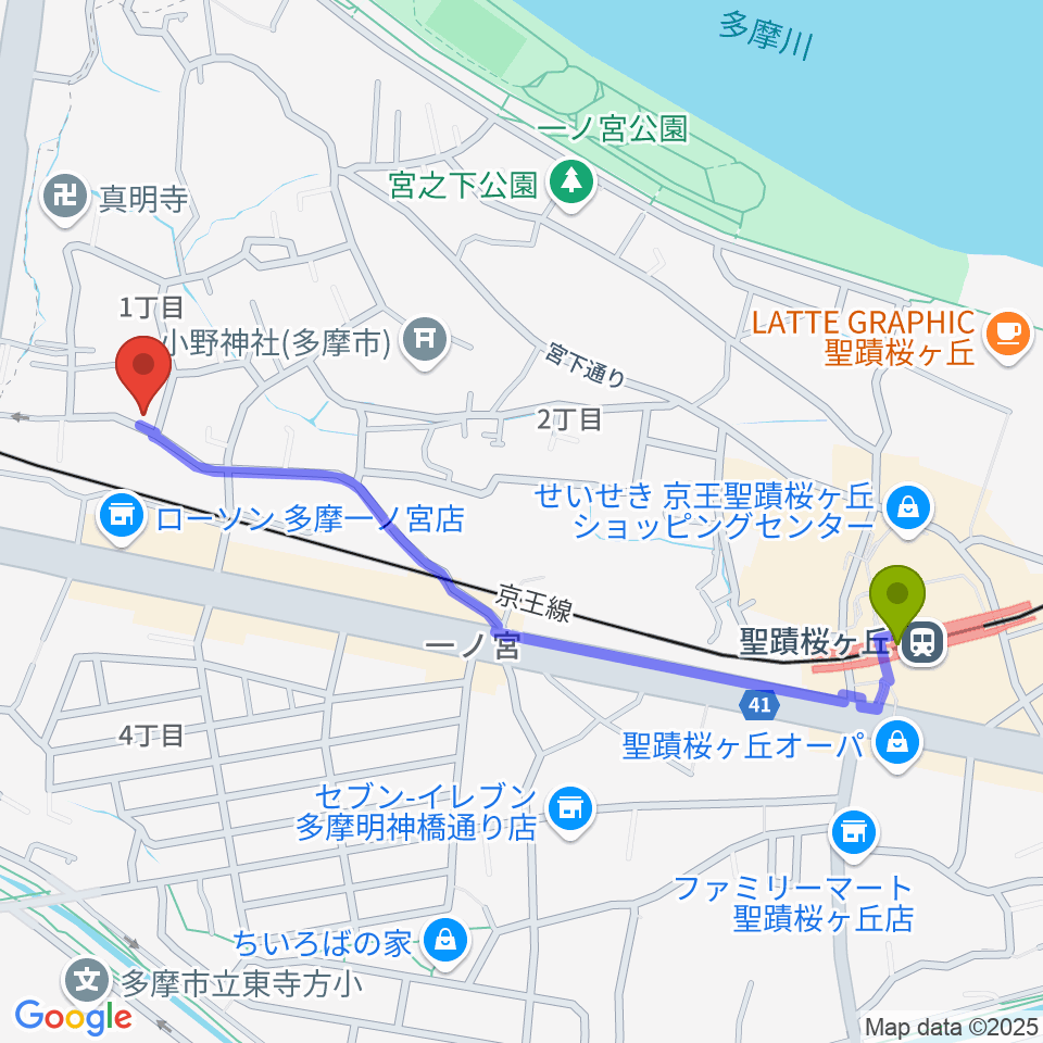 バグパイプ販売店 Dスローの最寄駅聖蹟桜ヶ丘駅からの徒歩ルート（約12分）地図