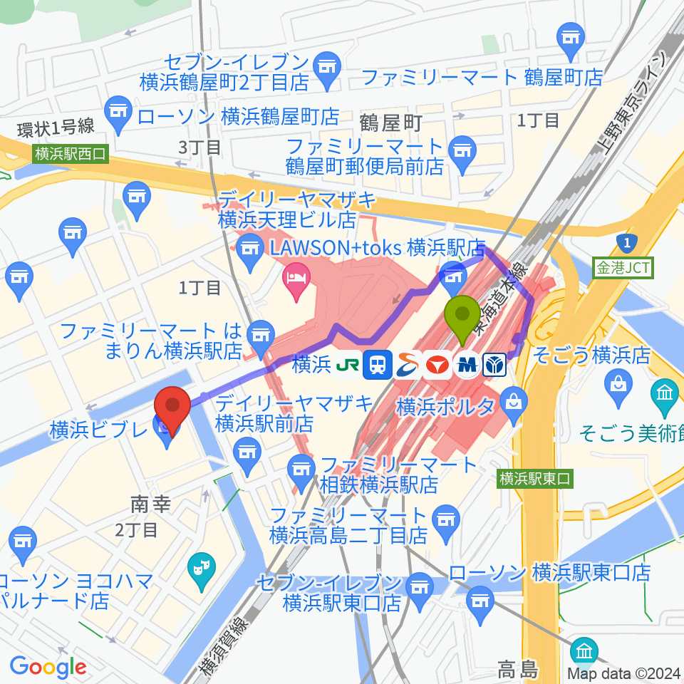 タワーレコード横浜ビブレ店の最寄駅横浜駅からの徒歩ルート 約7分 Mdata