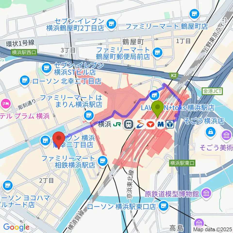 タワーレコード横浜ビブレ店の最寄駅横浜駅からの徒歩ルート（約7分）地図