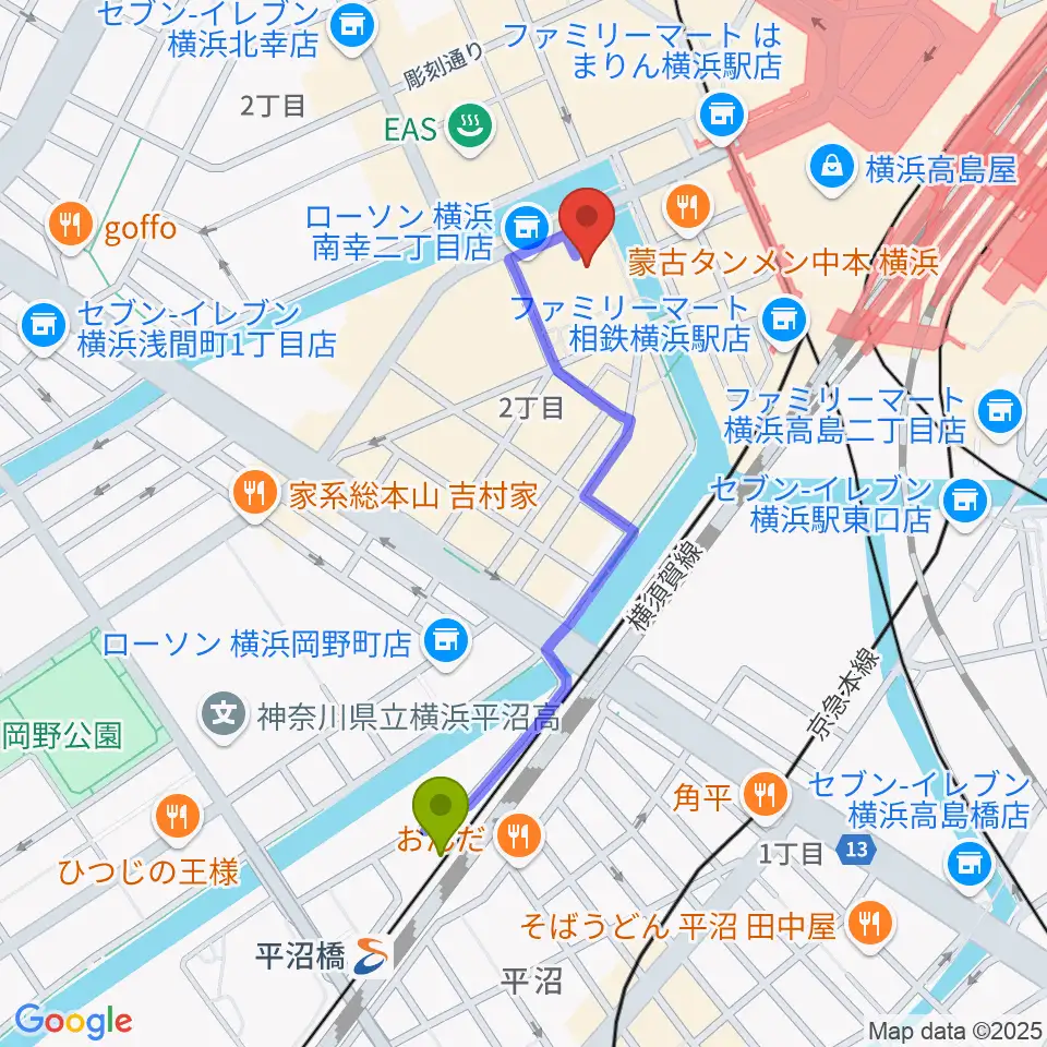 平沼橋駅からタワーレコード横浜ビブレ店へのルートマップ地図