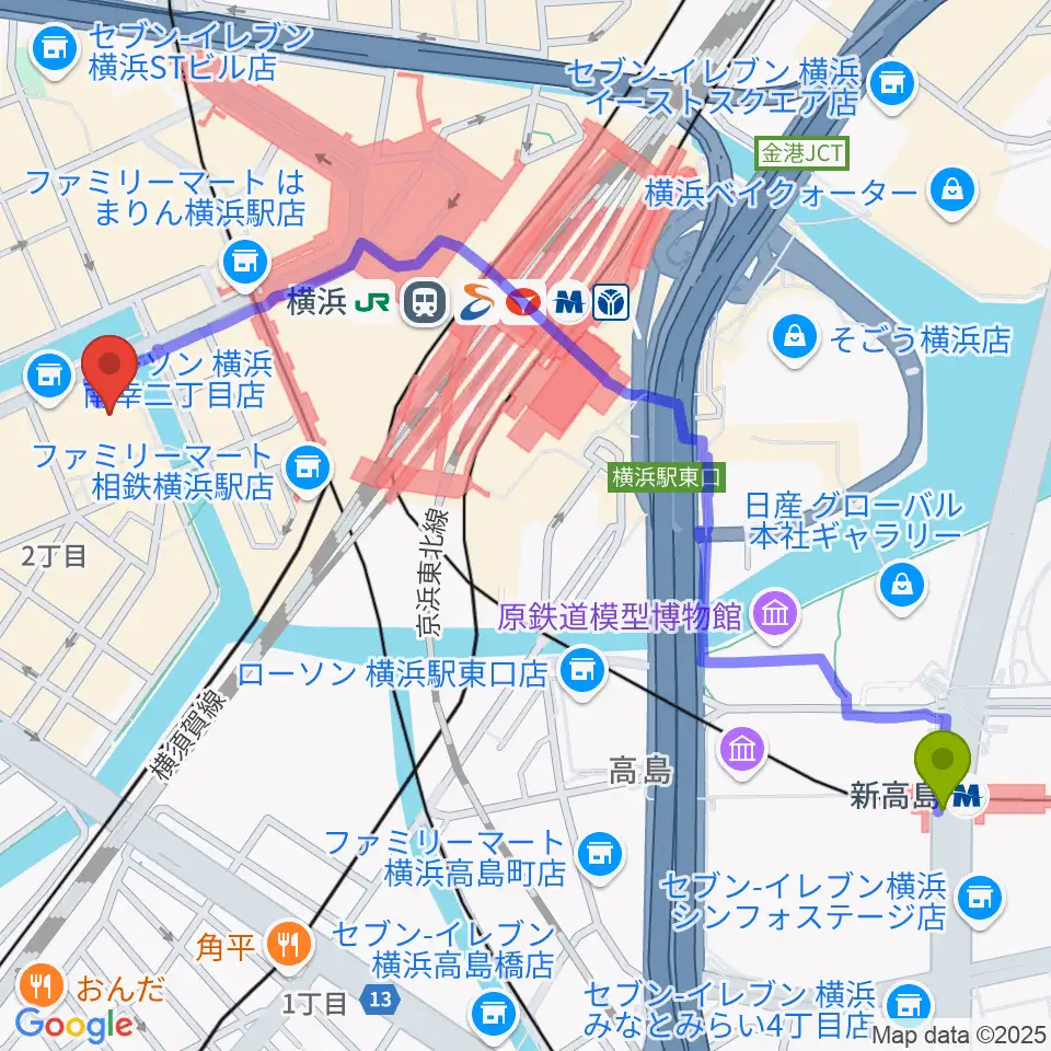 新高島駅からタワーレコード横浜ビブレ店へのルートマップ地図