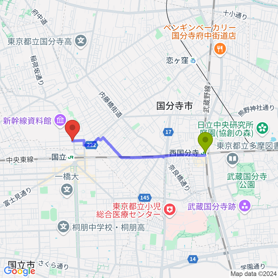 西国分寺駅からKEY-NOTE音楽教室 国立東京本校へのルートマップ地図