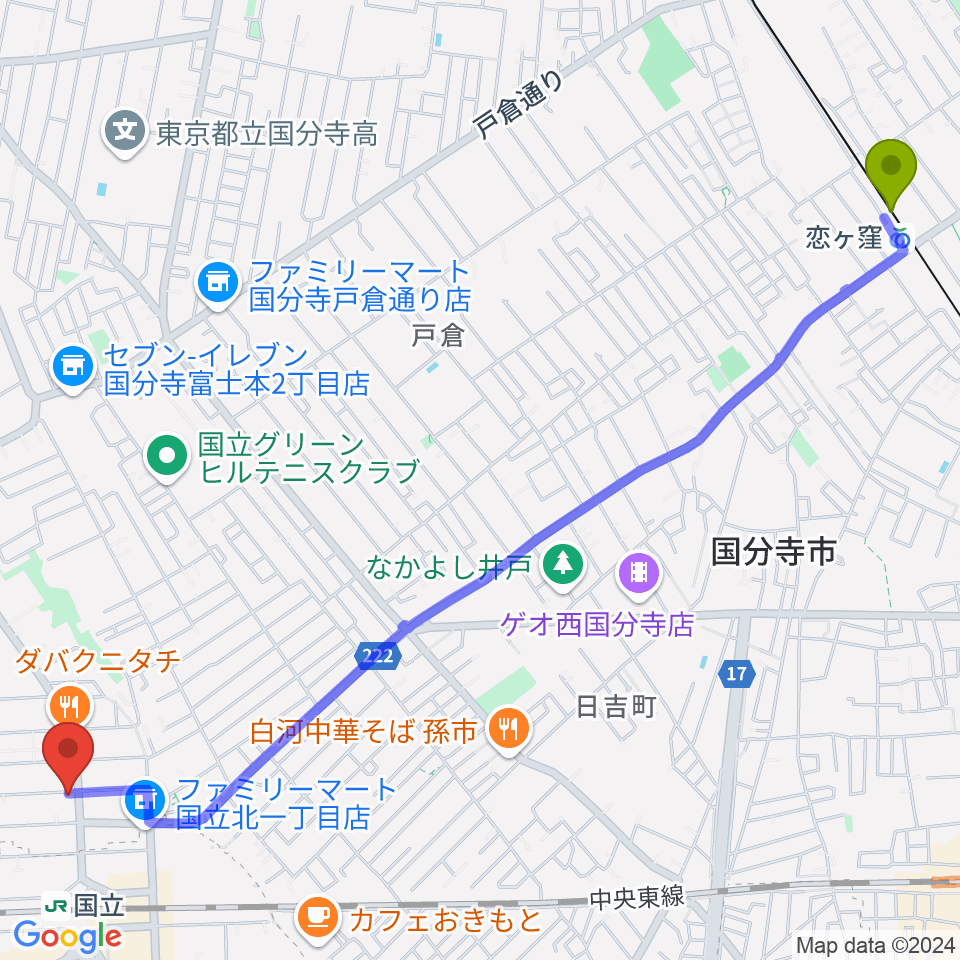 恋ヶ窪駅からKEY-NOTE音楽教室 国立東京本校へのルートマップ地図