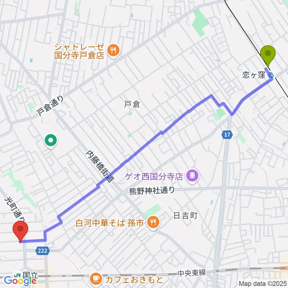 恋ヶ窪駅からKEY-NOTE音楽教室へのルートマップ地図