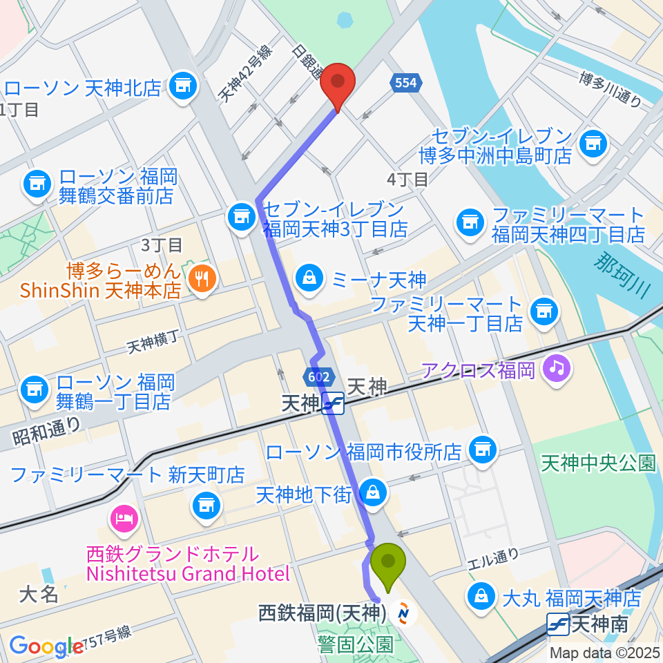 西鉄福岡（天神）駅からFineSound 天神店へのルートマップ地図