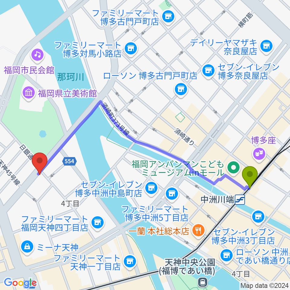 中洲川端駅からFineSound 天神店へのルートマップ地図