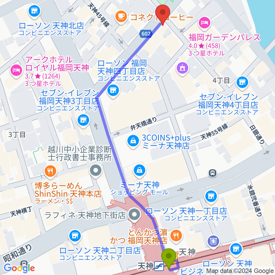 FineSound 天神店の最寄駅天神駅からの徒歩ルート（約7分）地図