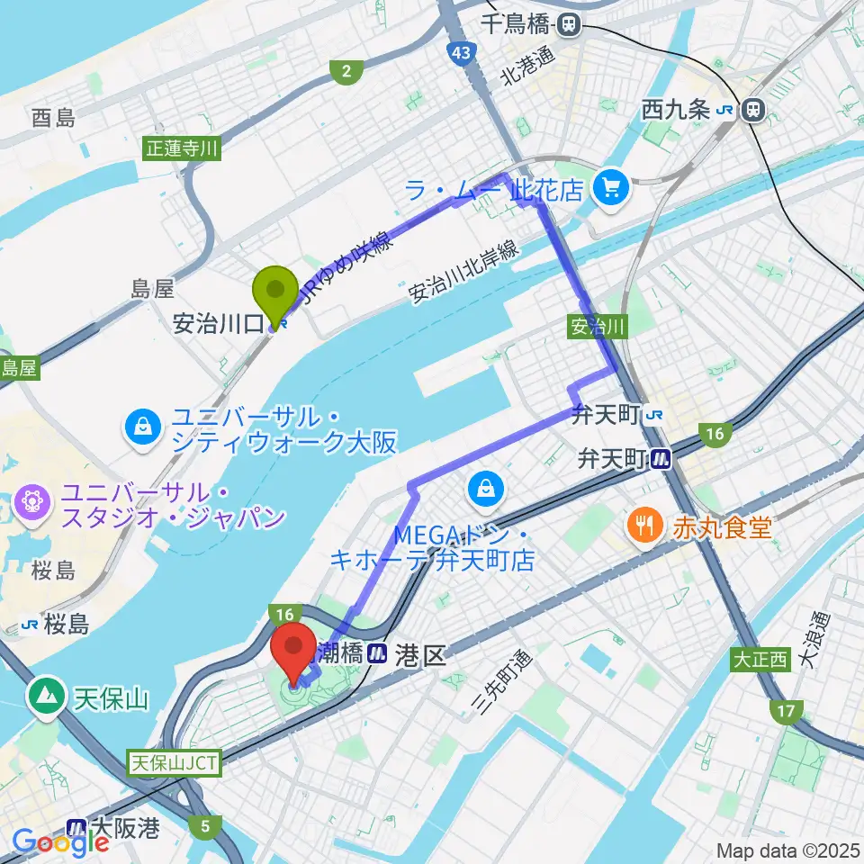 安治川口駅からAsueアリーナ大阪へのルートマップ地図