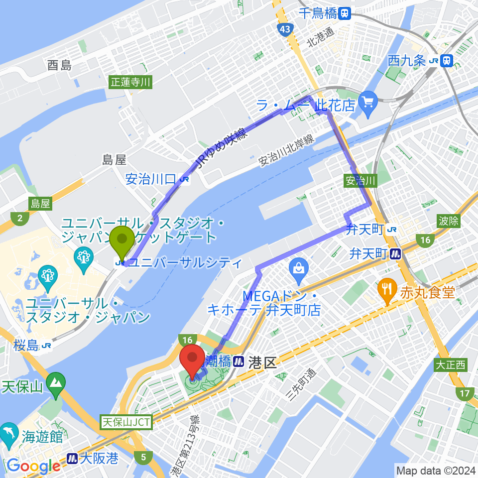 ユニバーサルシティ駅からAsueアリーナ大阪へのルートマップ地図