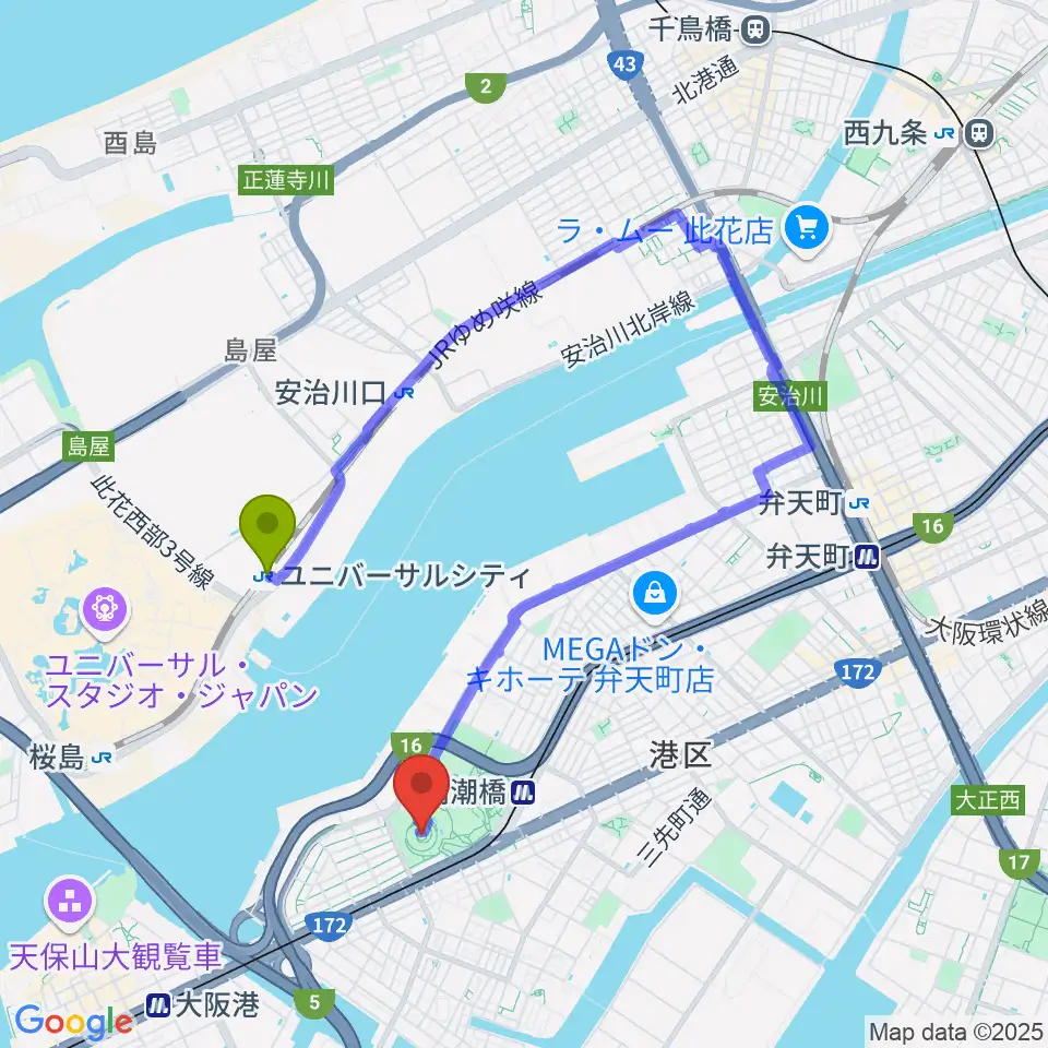 ユニバーサルシティ駅からAsueアリーナ大阪へのルートマップ地図