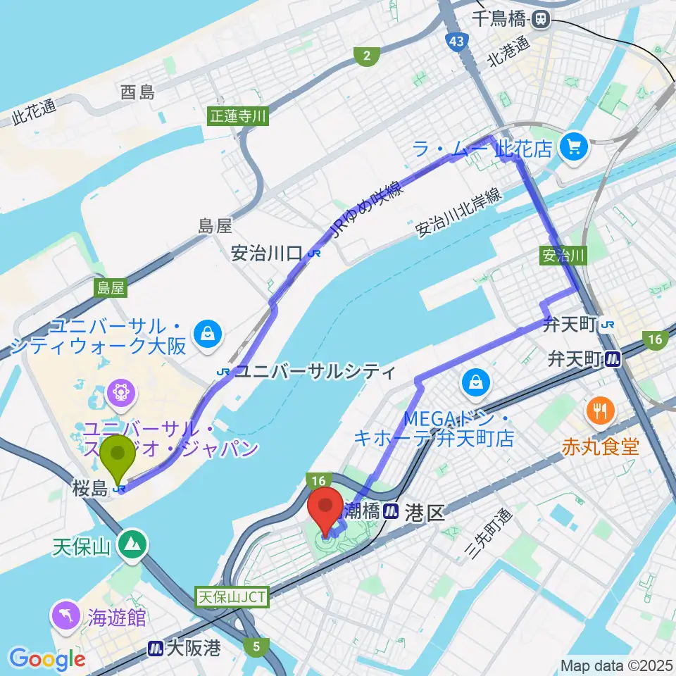 桜島駅からAsueアリーナ大阪へのルートマップ地図