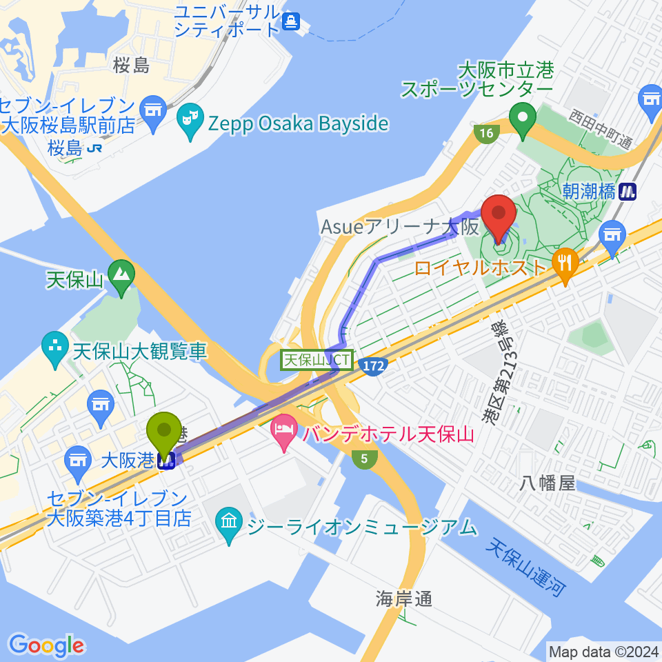 大阪港駅からAsueアリーナ大阪へのルートマップ地図