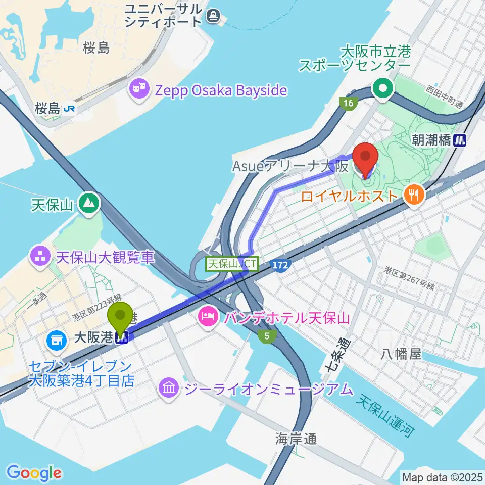 大阪港駅からAsueアリーナ大阪へのルートマップ地図