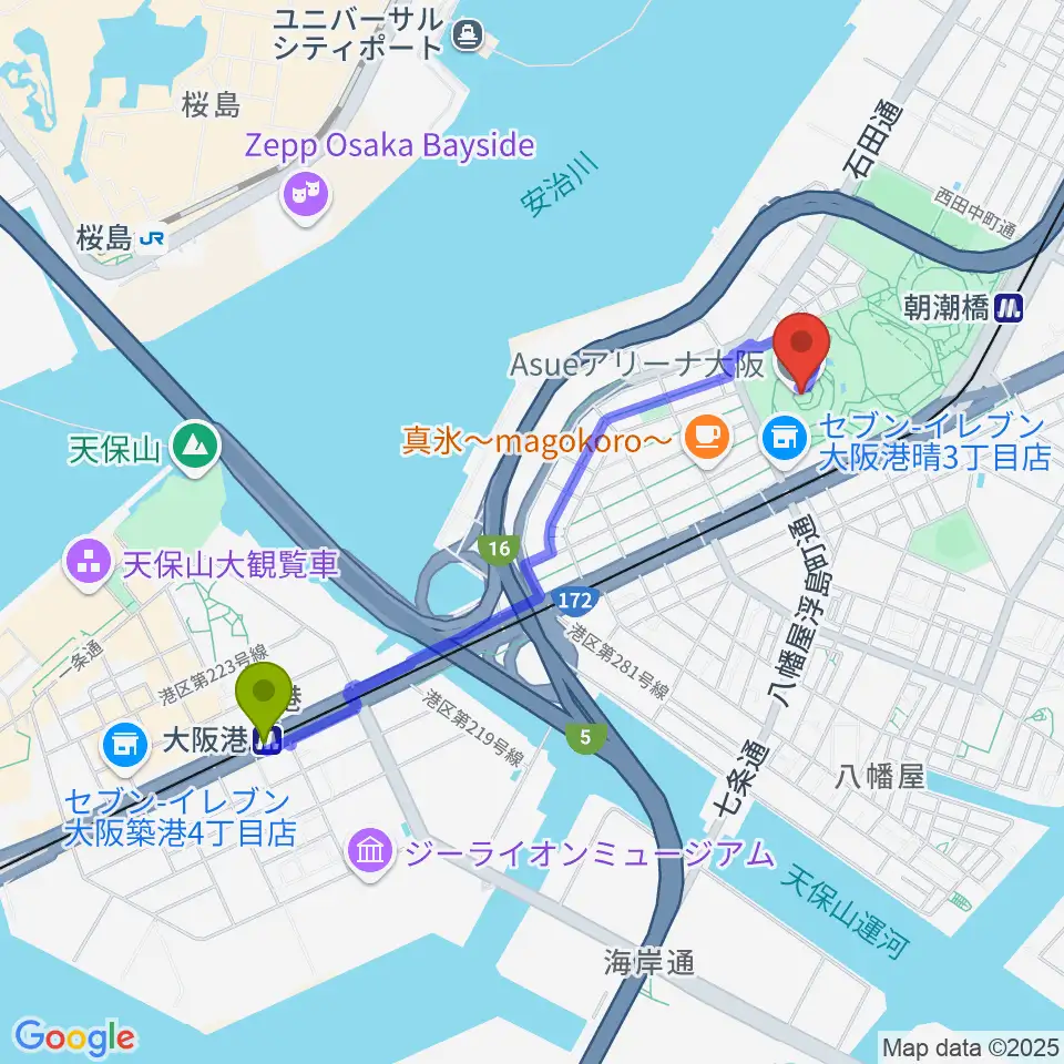 大阪港駅からAsueアリーナ大阪へのルートマップ地図