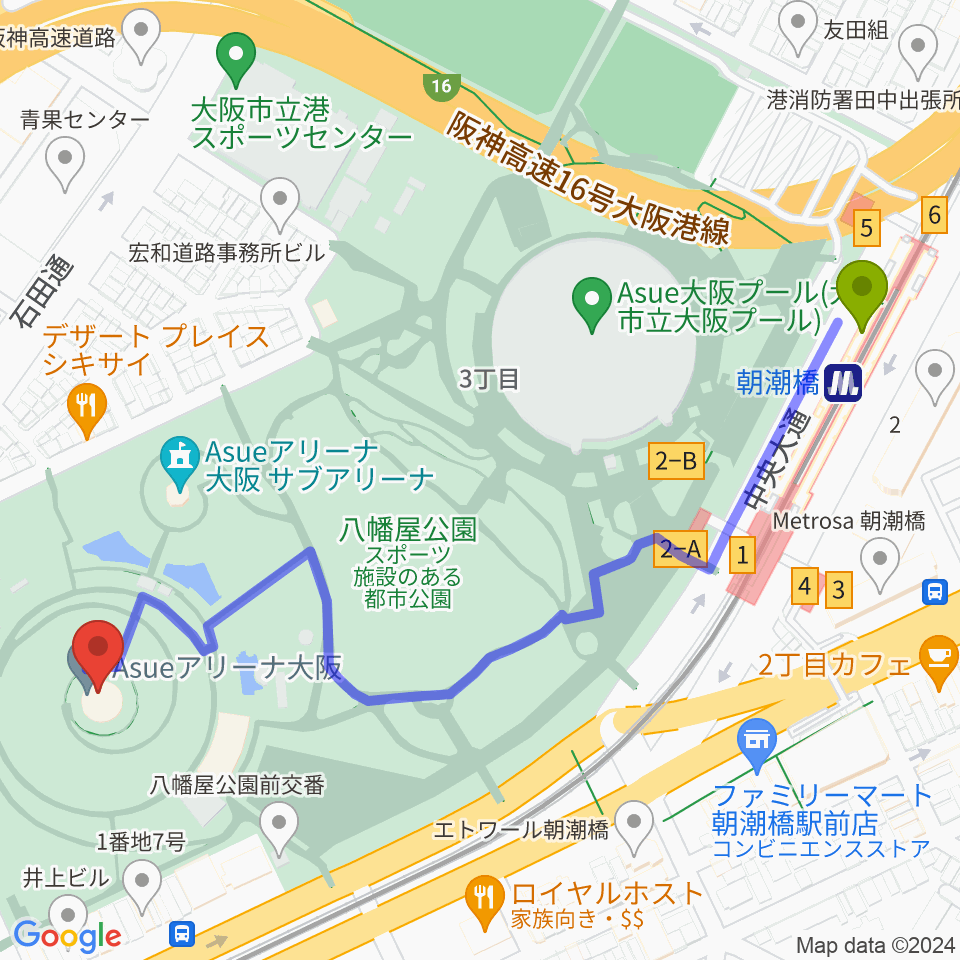Asueアリーナ大阪の最寄駅朝潮橋駅からの徒歩ルート（約7分）地図