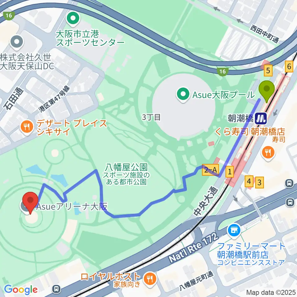 Asueアリーナ大阪の最寄駅朝潮橋駅からの徒歩ルート（約7分）地図