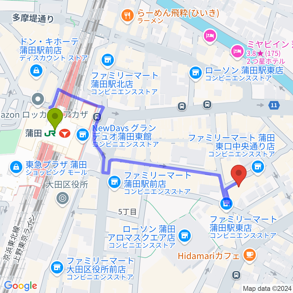 ジェイコブ音楽教室の最寄駅蒲田駅からの徒歩ルート（約5分）地図