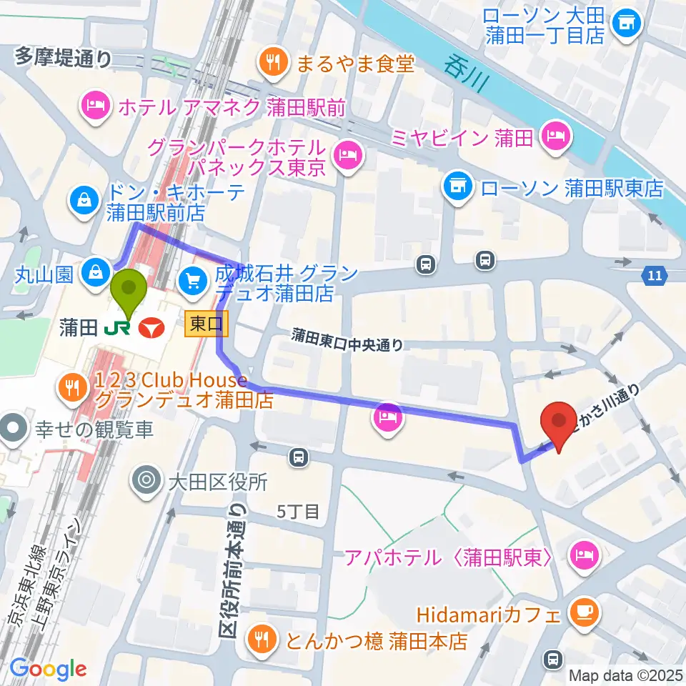 ジェイコブ音楽教室の最寄駅蒲田駅からの徒歩ルート（約5分）地図