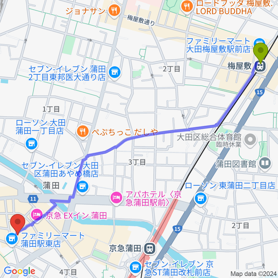 梅屋敷駅からジェイコブ音楽教室へのルートマップ地図