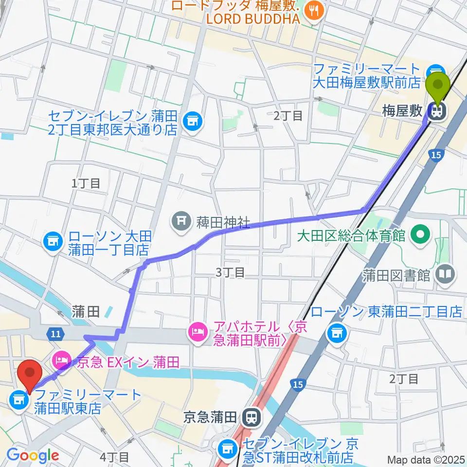 梅屋敷駅からジェイコブ音楽教室へのルートマップ地図