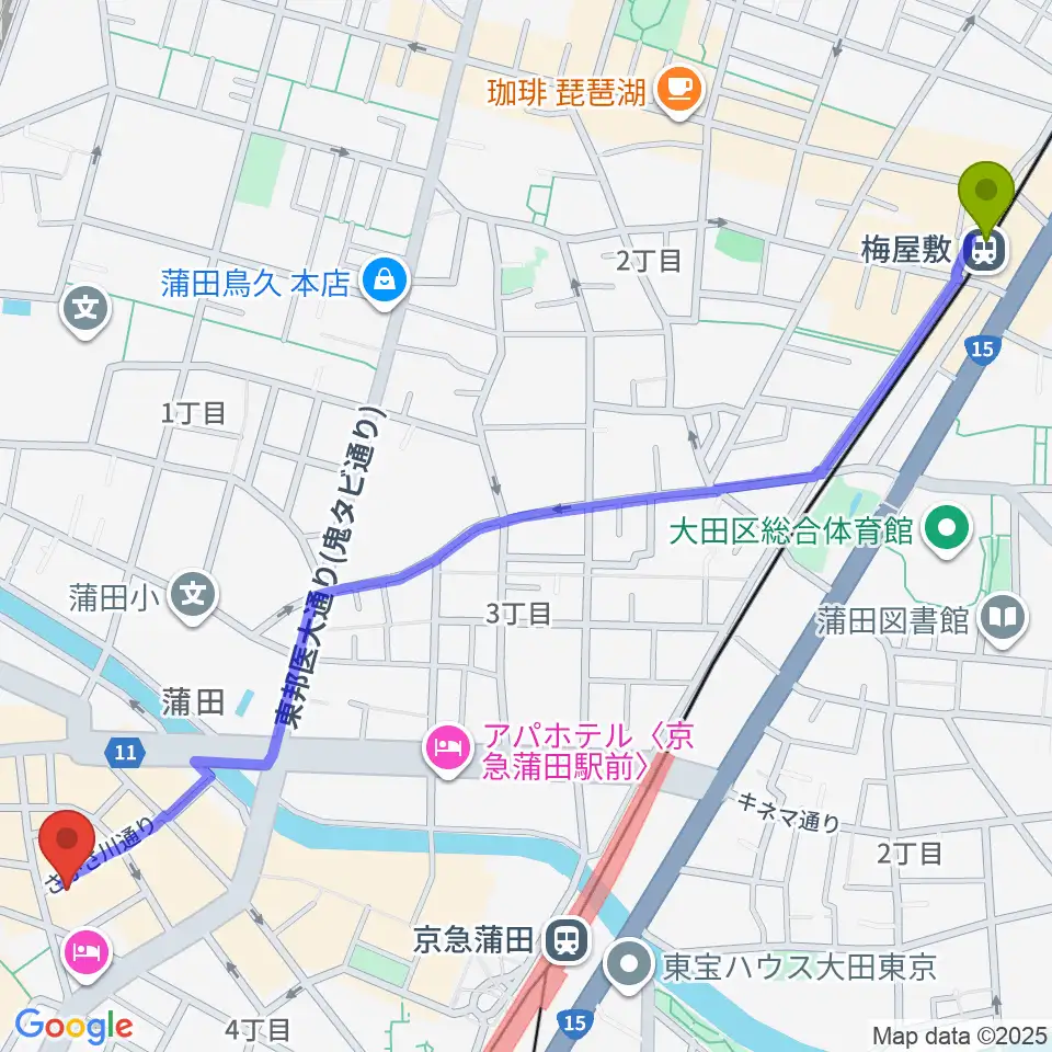 梅屋敷駅からジェイコブ音楽教室へのルートマップ地図