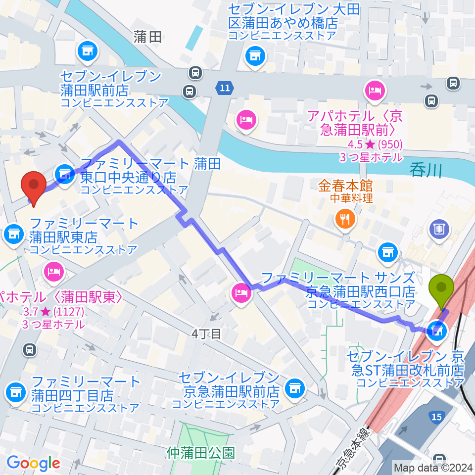 京急蒲田駅からジェイコブ音楽教室へのルートマップ地図