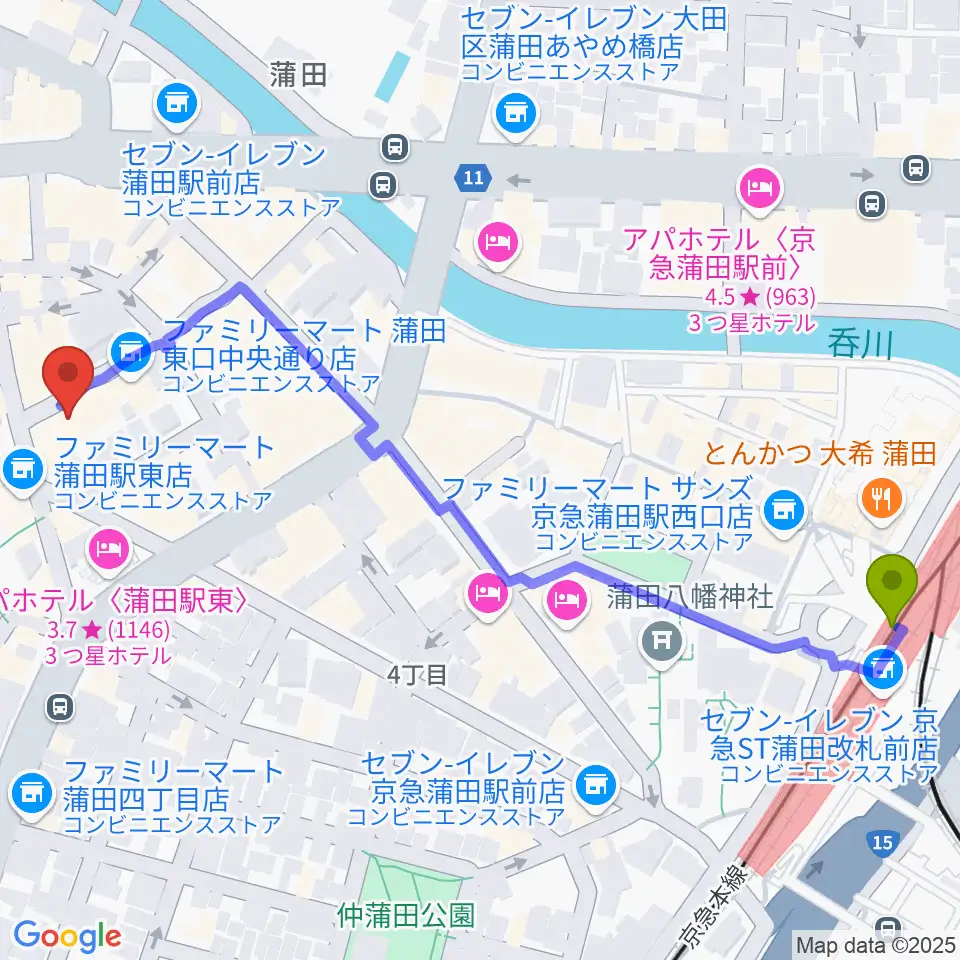 京急蒲田駅からジェイコブ音楽教室へのルートマップ地図