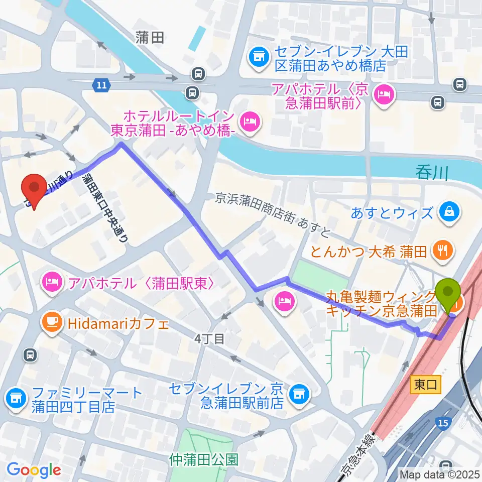 京急蒲田駅からジェイコブ音楽教室へのルートマップ地図