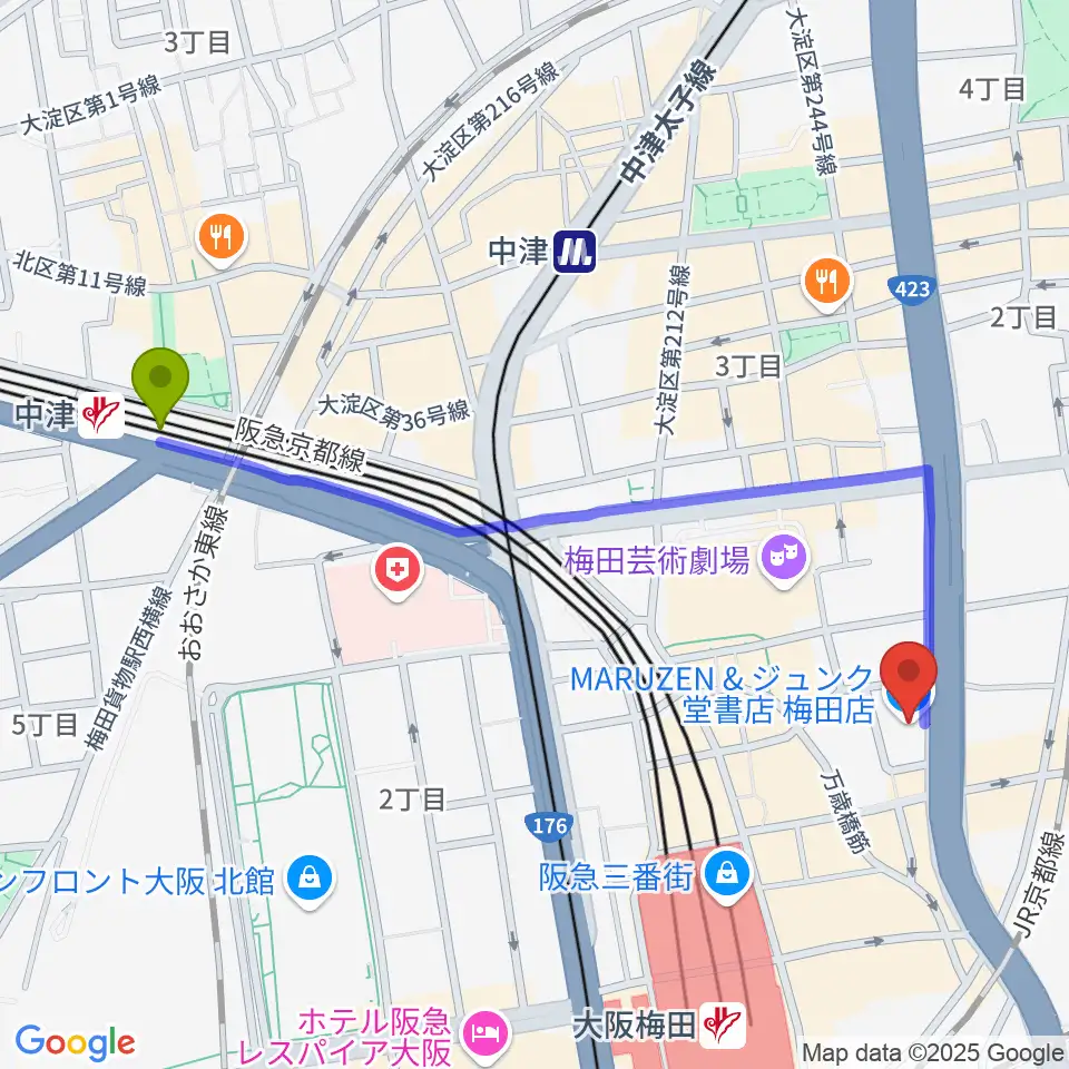 中津駅から島村楽器 梅田茶屋町店へのルートマップ地図