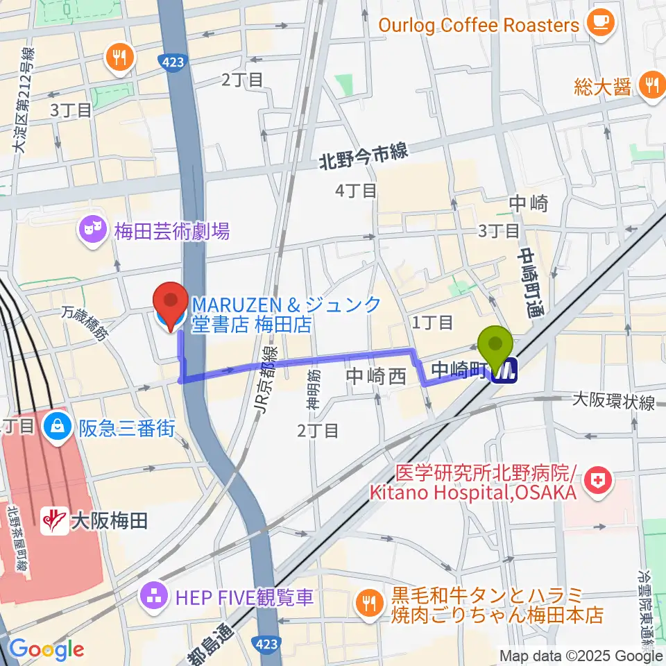 島村楽器 梅田茶屋町店の最寄駅中崎町駅からの徒歩ルート（約8分）地図