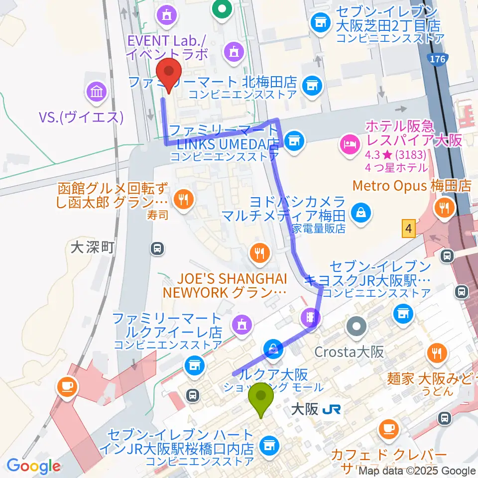 島村楽器 グランフロント大阪の最寄駅大阪駅からの徒歩ルート（約6分）地図