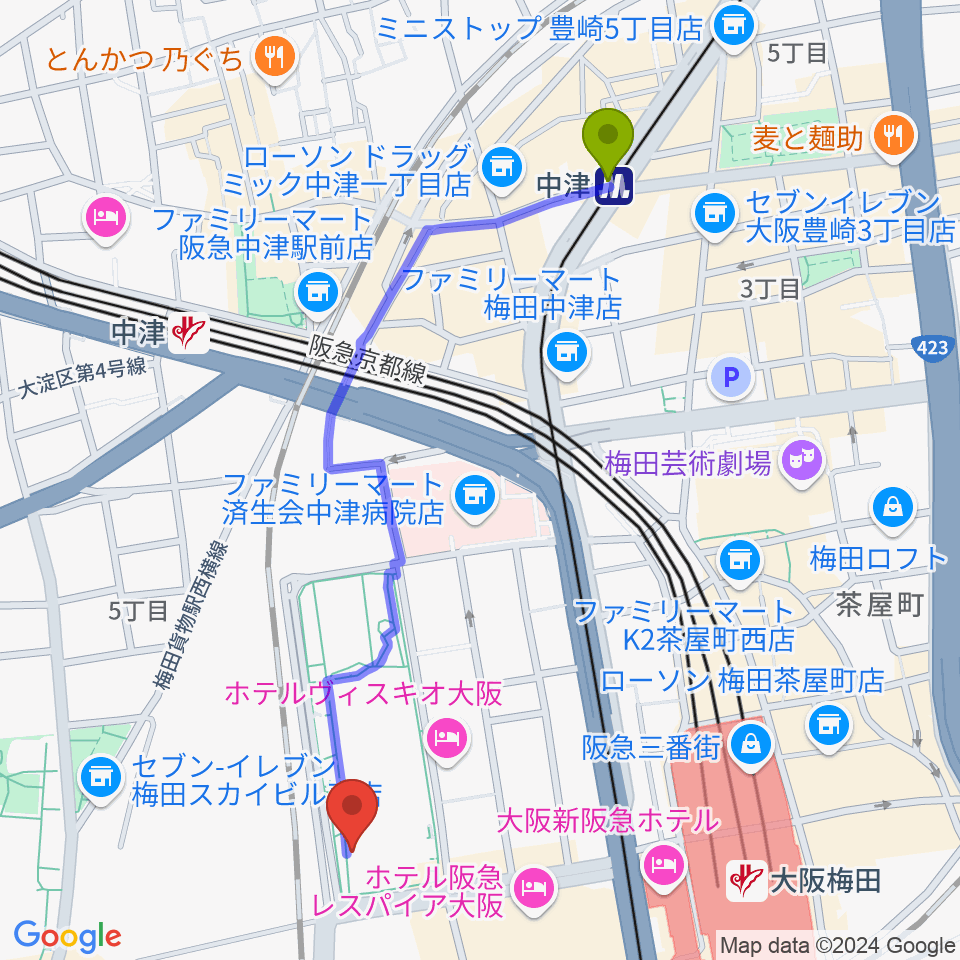 中津駅から島村楽器 グランフロント大阪へのルートマップ地図