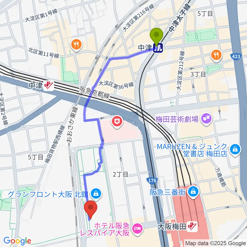 中津駅から島村楽器 グランフロント大阪へのルートマップ地図