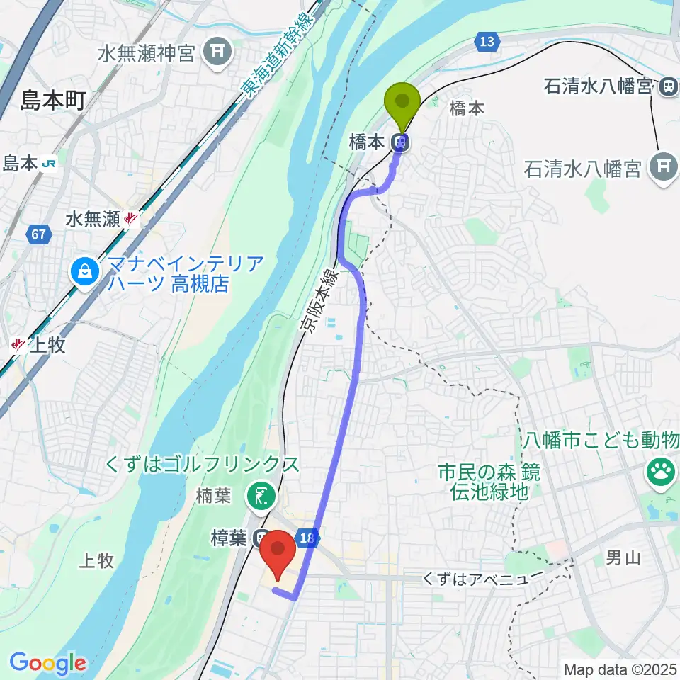 橋本駅から島村楽器 くずはモール店へのルートマップ地図