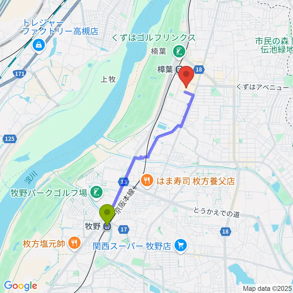 牧野駅から島村楽器 くずはモール店へのルートマップ地図