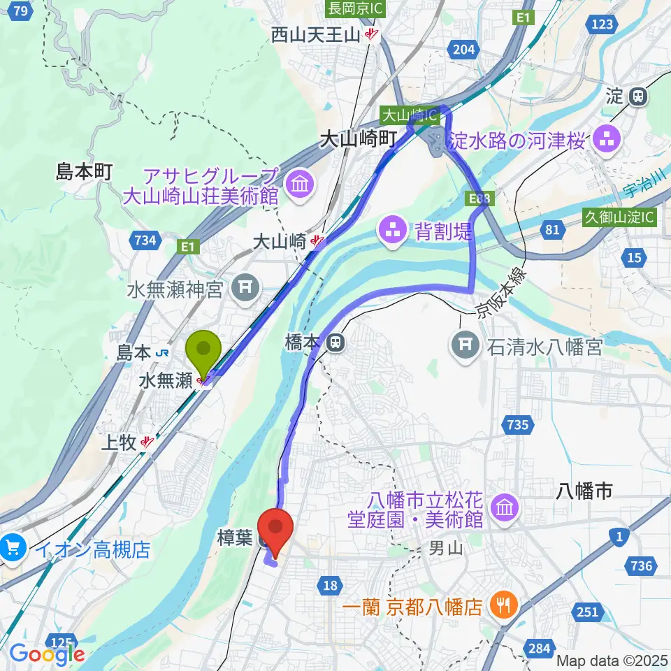 水無瀬駅から島村楽器 くずはモール店へのルートマップ地図