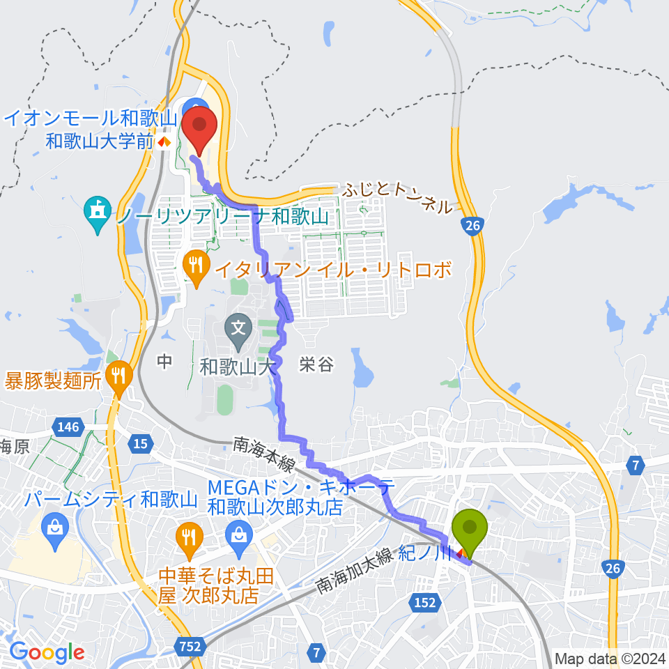 紀ノ川駅から島村楽器 イオンモール和歌山店へのルートマップ地図