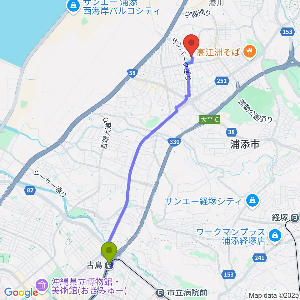 古島駅からミュージックハウスへのルートマップ地図