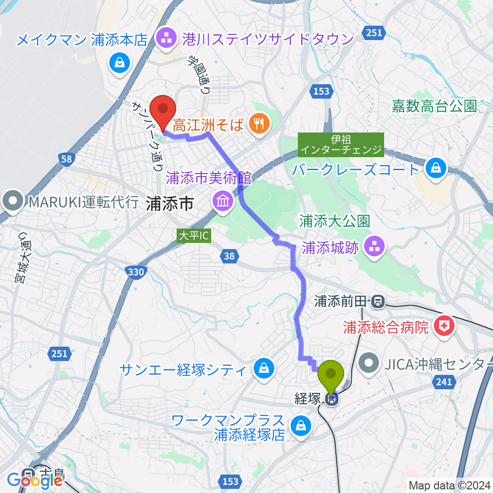 経塚駅からミュージックハウスへのルートマップ地図