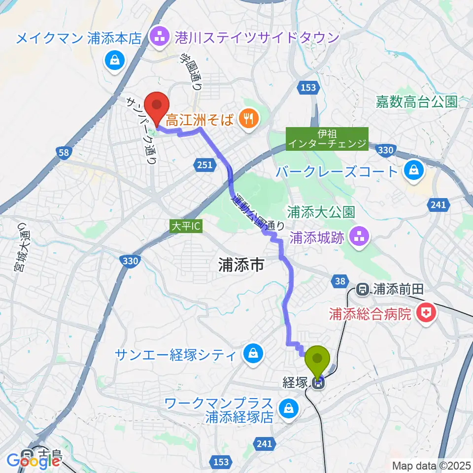 経塚駅からミュージックハウスへのルートマップ地図