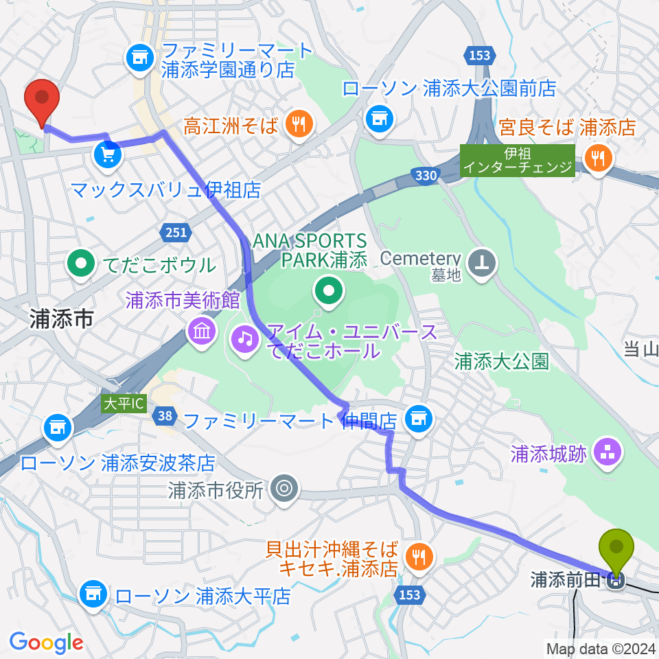 ミュージックハウスの最寄駅浦添前田駅からの徒歩ルート（約38分）地図