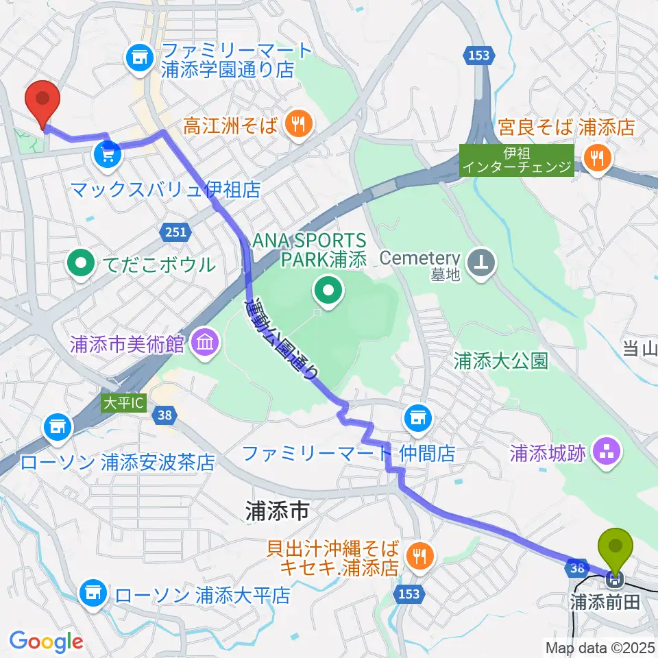ミュージックハウスの最寄駅浦添前田駅からの徒歩ルート（約38分）地図